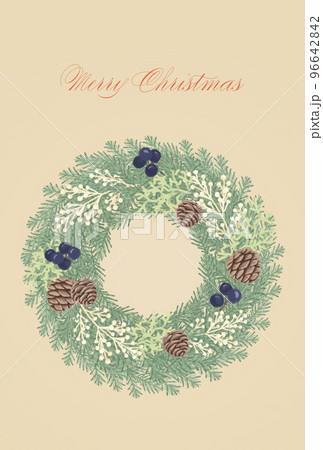 クリスマスの伝統的な植物を使ったリースのポストカード用のイラスト クリスマスの伝統的な植物を使ったリースのポストカード用のイラスト 96642842
