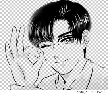 バッチグーOKサインでウィンクする黒髪メガネ姿のイケメン医師のモノクロ少女漫画風イラスト 96645233