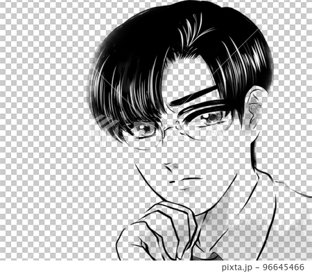 Monochrome girl cartoon-style illustration of a handsome black-haired young doctor wearing glasses with a dubious expression 96645466