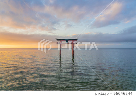白鬚神社　琵琶湖　朝日　湖中大鳥居 96646244