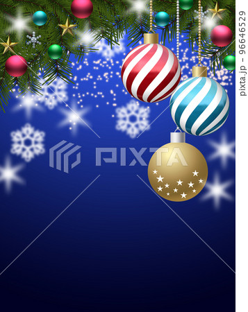 クリスマスの背景イラスト素材 キラキラとモミの木の枝(3_1) オーナメント有 ブルー背景 タテ クリスマスの背景イラスト素材 キラキラとモミの木の枝(3_1) オーナメント有 ブルー背景 タテ 96646529