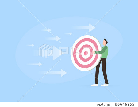 Target Marketing concept. Businessman holding archer target or dashboard pointing in his hands and trying to hit bullseye with flying arrows. Man character trying to find business niche illustration Target Marketing concept. Businessman holding archer target or dashboard pointing in his hands and trying to hit bullseye with flying arrows. Man character trying to find business niche illustration 96646855