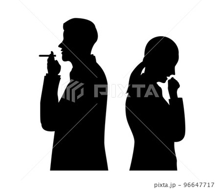 タバコを吸うサラリーマンと咳き込む女性のシルエットイラスト タバコを吸うサラリーマンと咳き込む女性のシルエットイラスト 96647717