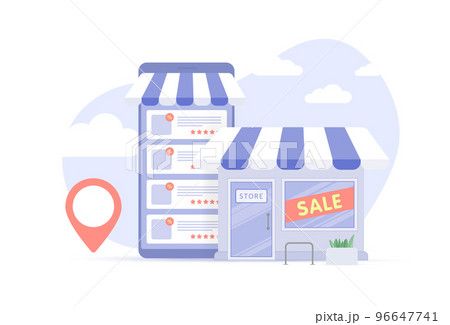 Online and offline store - retail businesses work together and generate profit from big sales. Traditional shop mall building and e-commerce mobile shopping store website and app 96647741