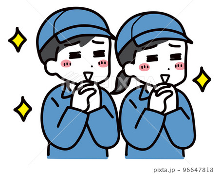 喜んでいる作業服の若い男女(上半身) 96647818