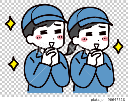 喜んでいる作業服の若い男女(上半身) 96647818