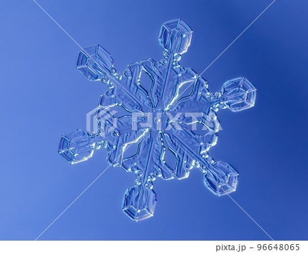 Snowflake on smooth gradient background. Macro photo of real snow crystal on glass surface. This is small snowflake crystal with unusual pattern Snowflake on smooth gradient background. Macro photo of real snow crystal on glass surface. This is small snowflake crystal with unusual pattern 96648065