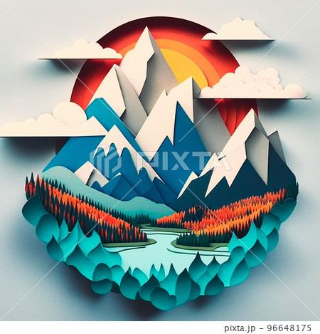 multi-layered crafts made of paper. Mountains, trees, forest and clouds 96648175