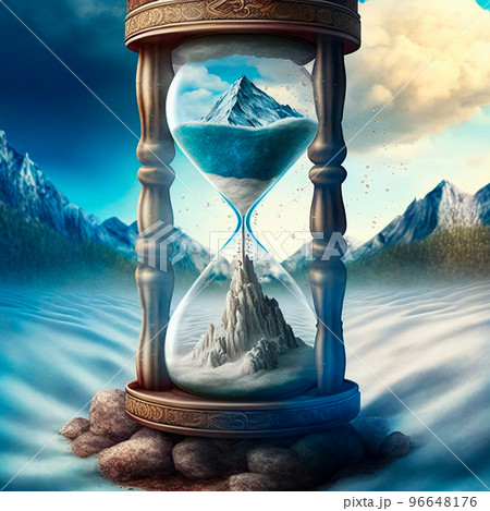 A magical hourglass with unusual sand in which time has stopped. In mountains 96648176