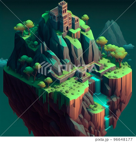 isometric image of the nature of a reservoir and houses in the mountains 96648177