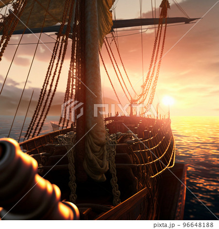 view from the deck of a ship with masts and sails 96648188