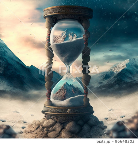 A magical hourglass with unusual sand in which time has stopped. In mountains A magical hourglass with unusual sand in which time has stopped. In mountains 96648202
