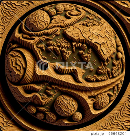 Planet Earth with reservoirs and continents carved out of wood 96648204