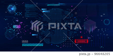 Internet connection in dot and pixel illustration with code elements and HUD interface Internet connection in dot and pixel illustration with code elements and HUD interface 96648205