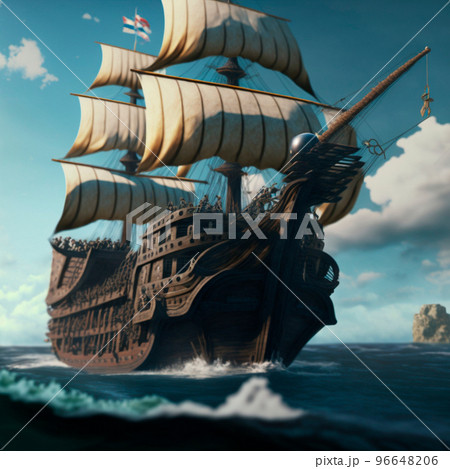 view from the deck of a ship with masts and sails 96648206