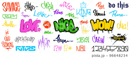 Street art graphic set with tags and 3D graffiti with spray effect Street art graphic set with tags and 3D graffiti with spray effect 96648234