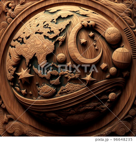 Planet Earth with reservoirs and continents carved out of wood 96648235