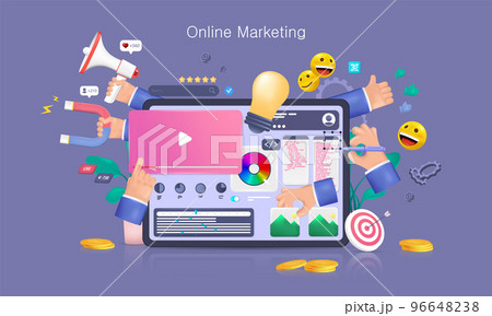 Online marketing, SEO concept. 3D Realistic cartoon illustration Online marketing, SEO concept. 3D Realistic cartoon illustration 96648238