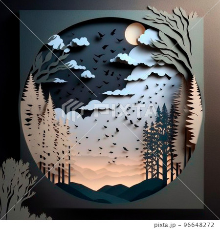 multi-layered crafts made of paper. Mountains, trees, forest and clouds 96648272