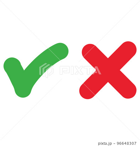 Hand drawn of Green check mark and Red cross isolated. Right and wrong icon. Vector illustration. Hand drawn of Green check mark and Red cross isolated. Right and wrong icon. Vector illustration. 96648307