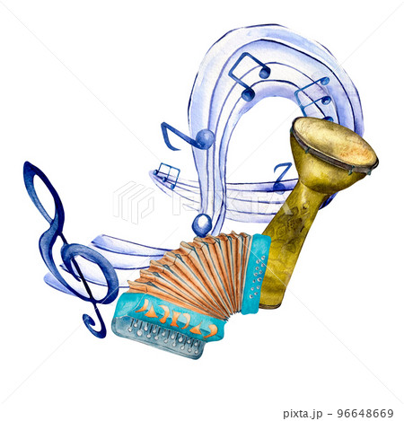 Musical notes and folk musical instrument watercolor illustration on white. 96648669