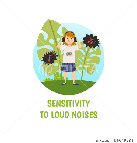 Upset little girl in headphones flat style, vector illustration 96649531