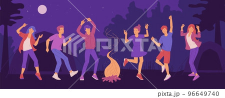 Happy people dancing around bonfire in camping village, flat vector illustration. 96649740