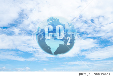 CO2 in globe map on blue sky. Greenhouse gas. Carbon dioxide gas global air climate pollution. Environment issue. Carbon dioxide in the air acting as a greenhouse gas. Primary cause of global warming. 96649823
