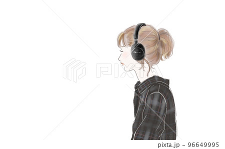 ヘッドホンを付けている横顔の女の子 横位置 のイラスト素材