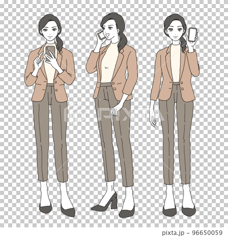 Vector illustration set of a woman in a suit operating a smartphone and talking 96650059