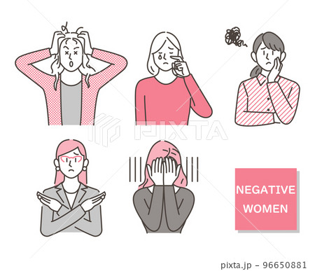 ネガティブな表情の若い女性セット（悩む、泣く、考える、落ち込む）【ベクターイラスト素材】のイラスト素材 [96650881] - PIXTA