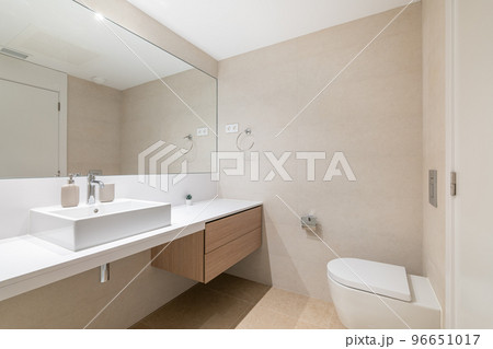 Interior of modern spacious bathroom with large mirror, white toilet and wooden furniture. 96651017