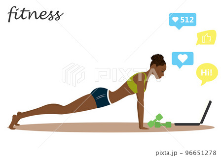 African american Fitness girl and chat on laptop. 96651278