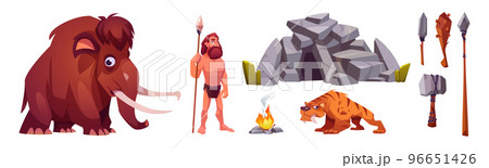 Cave man prehistoric primitive person in stone age 96651426