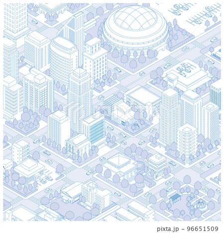 街並みの立体図. 都市の景観. 線画のイラスト. 96651509