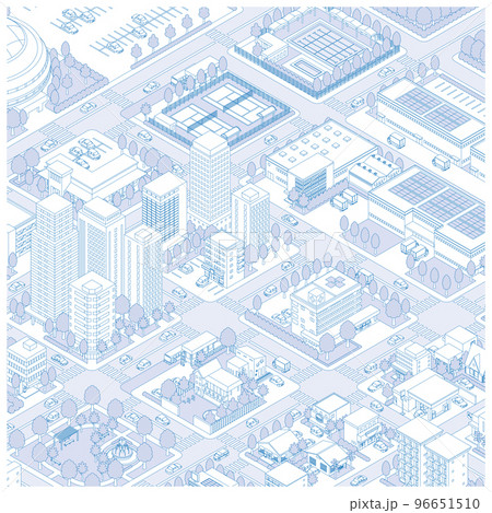 街並みの立体図. 都市の景観. 線画のイラスト. 96651510