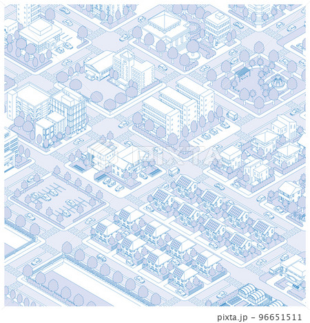 街並みの立体図. 都市の景観. 線画のイラスト. 96651511