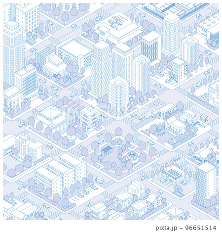 街並みの立体図. 都市の景観. 線画のイラスト. 街並みの立体図. 都市の景観. 線画のイラスト. 96651514