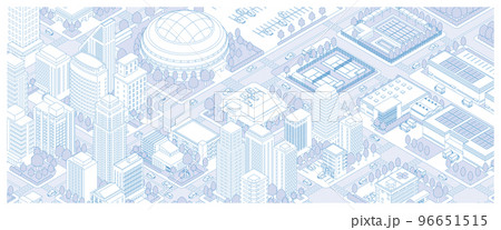 街並みの立体図. 都市の景観. 線画のイラスト. 96651515