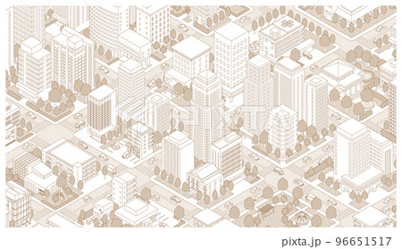 街並みの立体図. 都市の景観. 線画のイラスト. 街並みの立体図. 都市の景観. 線画のイラスト. 96651517