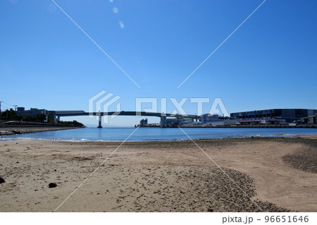 芦屋市　東灘芦屋大橋（県道722号線と阪神高速5号湾岸線が走る）を芦屋川河口の出口付近より遠くに望む 96651646