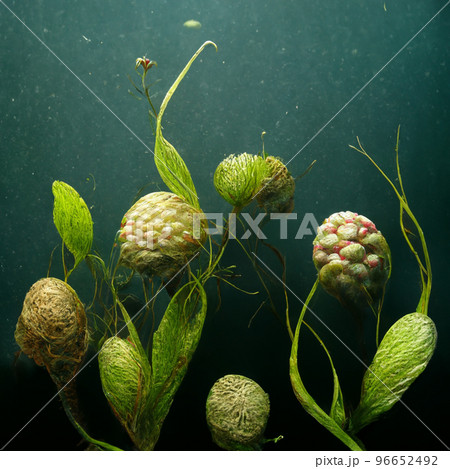 Underwater green background with various sea plants. Underwater scene. Underwater green background with various sea plants. Underwater scene. 96652492