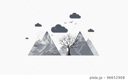 Art concept. Abstract mountains with clouds. Silhouette of a tree. Art concept. Abstract mountains with clouds. Silhouette of a tree. 96652908