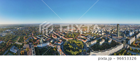 Wroclaw city panorama. Aerial view of modern european city with residential districts and street at summer morning 96653326