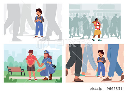 Set Child Get Lost In Public Place, Scared Baby Crying And Searching Mother In Big City. Police Officer Help Boy In Park Set Child Get Lost In Public Place, Scared Baby Crying And Searching Mother In Big City. Police Officer Help Boy In Park 96653514