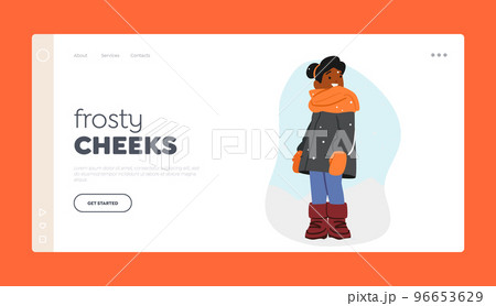 Wintertime Walk, Holidays Landing Page Template. Child Enjoy First Snow. Black Girl Character Looking on Snowflakes 96653629