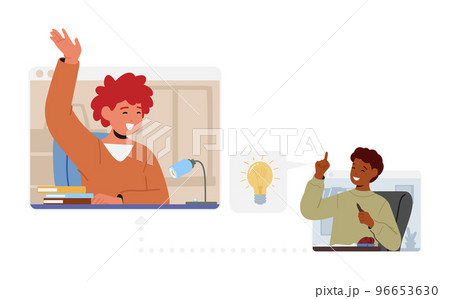 Kids Studying Remotely, Children Learn Classes At Home School, Web E-learning, Knowledge Concept With Schoolboys 96653630