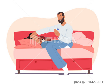 Sick Child Lying In Bed At Home Bedroom, Father Character Sitting Next To Daughter With Cold Fever, Kid Disease, Flu 96653631