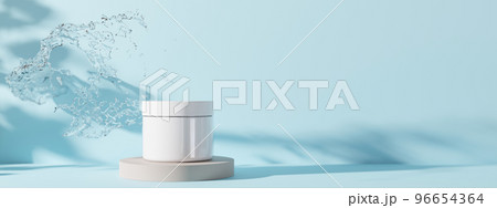 White and blank, unbranded cosmetic cream jar standing on podium, with water splash. Skin care product presentation on blue background. Natural mock up. Banner with copy space. 3D rendering. White and blank, unbranded cosmetic cream jar standing on podium, with water splash. Skin care product presentation on blue background. Natural mock up. Banner with copy space. 3D rendering. 96654364