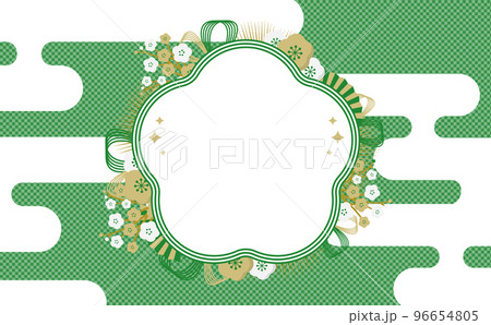 日本らしい紅白梅と水引の和風お祝いフレーム素材_緑_文字なし 96654805